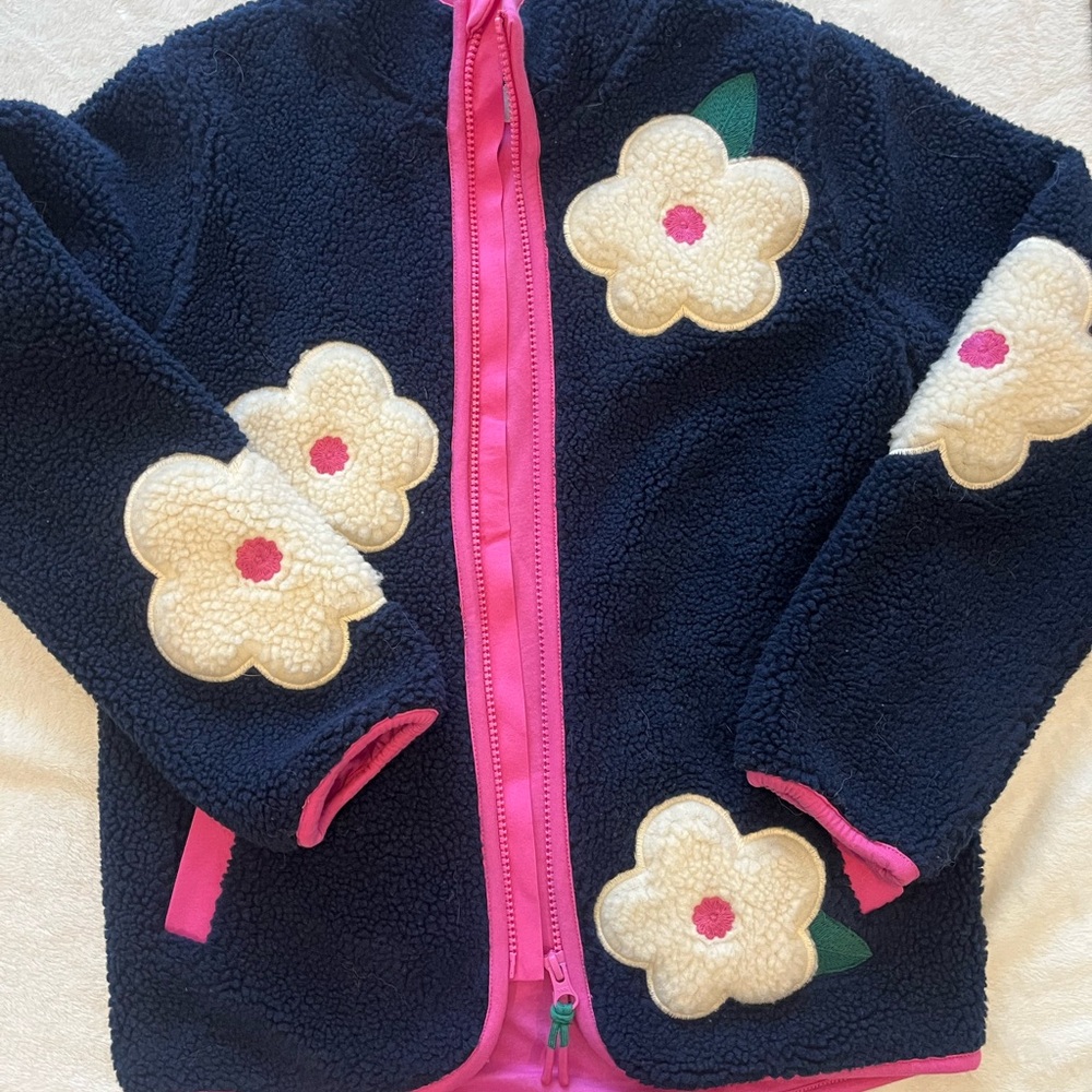 Mini Boden Navy Sweater Jacket with Pink Accents and Floral Patches